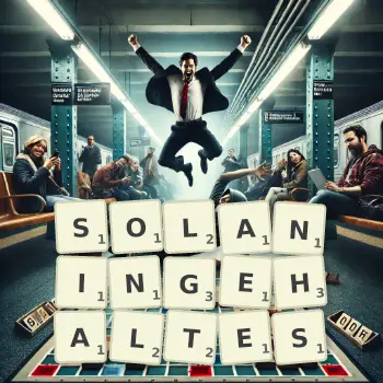 Kreative Illustration für ein Scrabble-Spiel, bei dem das Wort SOLANINGEHALTES mit Steinen auf dem Brett gelegt wurde.