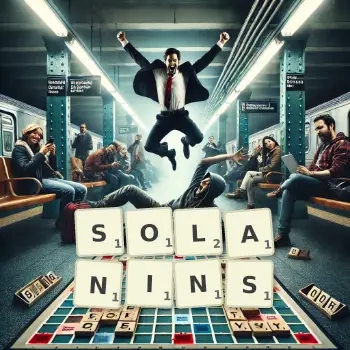 Kreative Illustration für ein Scrabble-Spiel, bei dem das Wort SOLANINS mit Steinen auf dem Brett gelegt wurde.