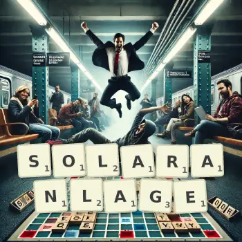 Kreative Illustration für ein Scrabble-Spiel, bei dem das Wort SOLARANLAGE mit Steinen auf dem Brett gelegt wurde.