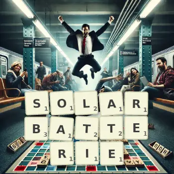 Kreative Illustration für ein Scrabble-Spiel, bei dem das Wort SOLARBATTERIE mit Steinen auf dem Brett gelegt wurde.