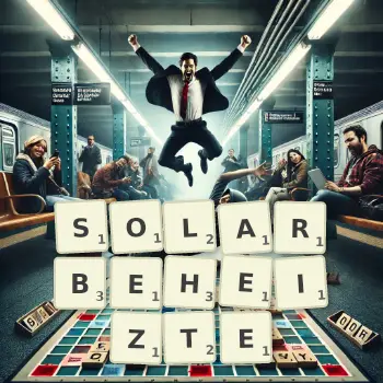 Kreative Illustration für ein Scrabble-Spiel, bei dem das Wort SOLARBEHEIZTE mit Steinen auf dem Brett gelegt wurde.