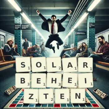Kreative Illustration für ein Scrabble-Spiel, bei dem das Wort SOLARBEHEIZTEN mit Steinen auf dem Brett gelegt wurde.