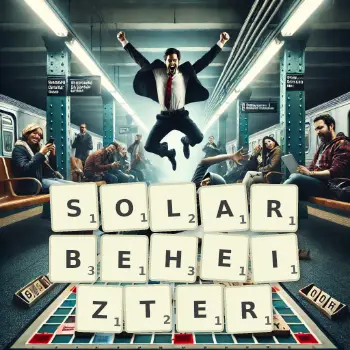 Kreative Illustration für ein Scrabble-Spiel, bei dem das Wort SOLARBEHEIZTER mit Steinen auf dem Brett gelegt wurde.