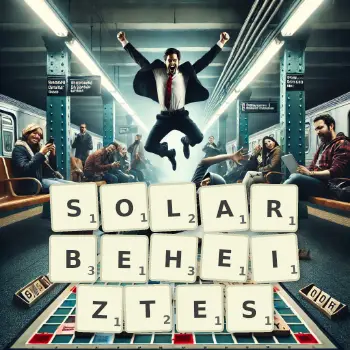 Kreative Illustration für ein Scrabble-Spiel, bei dem das Wort SOLARBEHEIZTES mit Steinen auf dem Brett gelegt wurde.