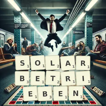 Kreative Illustration für ein Scrabble-Spiel, bei dem das Wort SOLARBETRIEBEN mit Steinen auf dem Brett gelegt wurde.