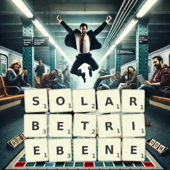 Kreative Illustration für ein Scrabble-Spiel, bei dem das Wort SOLARBETRIEBENE mit Steinen auf dem Brett gelegt wurde.