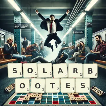 Kreative Illustration für ein Scrabble-Spiel, bei dem das Wort SOLARBOOTES mit Steinen auf dem Brett gelegt wurde.