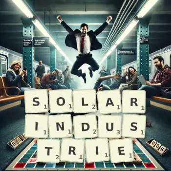Kreative Illustration für ein Scrabble-Spiel, bei dem das Wort SOLARINDUSTRIE mit Steinen auf dem Brett gelegt wurde.