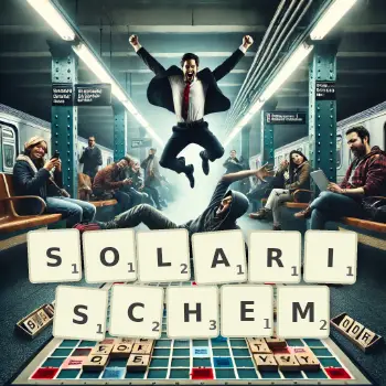 Kreative Illustration für ein Scrabble-Spiel, bei dem das Wort SOLARISCHEM mit Steinen auf dem Brett gelegt wurde.