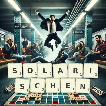 Kreative Illustration für ein Scrabble-Spiel, bei dem das Wort SOLARISCHEN mit Steinen auf dem Brett gelegt wurde.