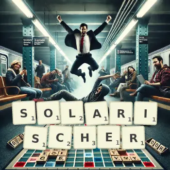 Kreative Illustration für ein Scrabble-Spiel, bei dem das Wort SOLARISCHER mit Steinen auf dem Brett gelegt wurde.