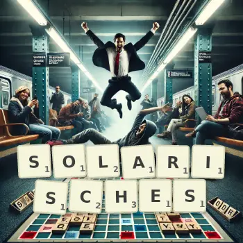 Kreative Illustration für ein Scrabble-Spiel, bei dem das Wort SOLARISCHES mit Steinen auf dem Brett gelegt wurde.