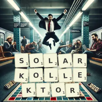 Kreative Illustration für ein Scrabble-Spiel, bei dem das Wort SOLARKOLLEKTOR mit Steinen auf dem Brett gelegt wurde.