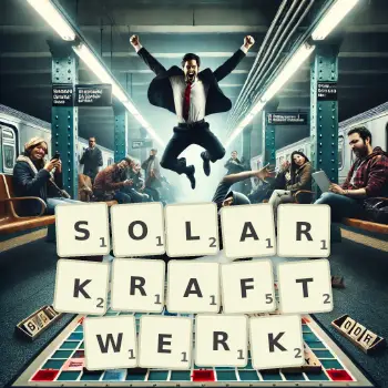 Kreative Illustration für ein Scrabble-Spiel, bei dem das Wort SOLARKRAFTWERK mit Steinen auf dem Brett gelegt wurde.