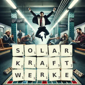 Kreative Illustration für ein Scrabble-Spiel, bei dem das Wort SOLARKRAFTWERKE mit Steinen auf dem Brett gelegt wurde.