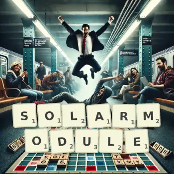 Kreative Illustration für ein Scrabble-Spiel, bei dem das Wort SOLARMODULE mit Steinen auf dem Brett gelegt wurde.