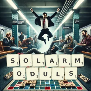 Kreative Illustration für ein Scrabble-Spiel, bei dem das Wort SOLARMODULS mit Steinen auf dem Brett gelegt wurde.