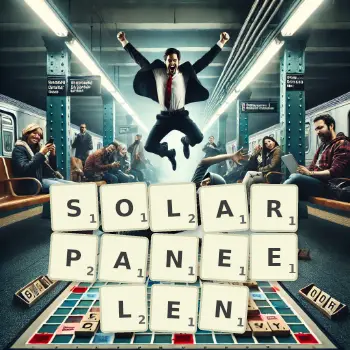 Kreative Illustration für ein Scrabble-Spiel, bei dem das Wort SOLARPANEELEN mit Steinen auf dem Brett gelegt wurde.