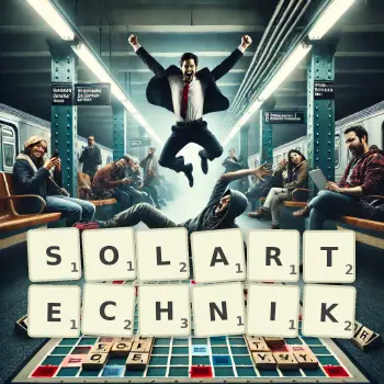 Kreative Illustration für ein Scrabble-Spiel, bei dem das Wort SOLARTECHNIK mit Steinen auf dem Brett gelegt wurde.