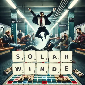 Kreative Illustration für ein Scrabble-Spiel, bei dem das Wort SOLARWINDE mit Steinen auf dem Brett gelegt wurde.