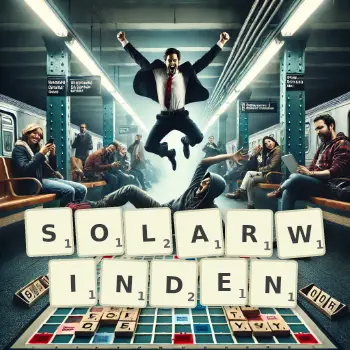 Kreative Illustration für ein Scrabble-Spiel, bei dem das Wort SOLARWINDEN mit Steinen auf dem Brett gelegt wurde.