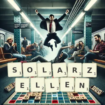 Kreative Illustration für ein Scrabble-Spiel, bei dem das Wort SOLARZELLEN mit Steinen auf dem Brett gelegt wurde.