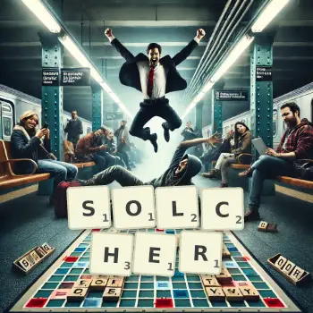 Kreative Illustration für ein Scrabble-Spiel, bei dem das Wort SOLCHER mit Steinen auf dem Brett gelegt wurde.