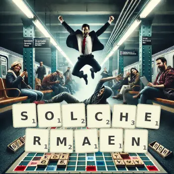 Kreative Illustration für ein Scrabble-Spiel, bei dem das Wort SOLCHERMAEN mit Steinen auf dem Brett gelegt wurde.