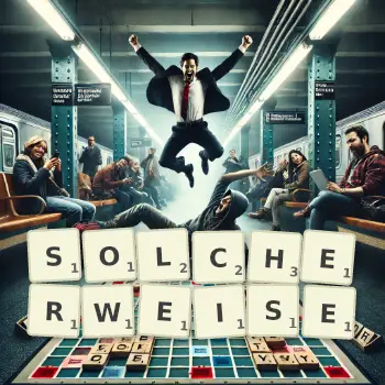 Kreative Illustration für ein Scrabble-Spiel, bei dem das Wort SOLCHERWEISE mit Steinen auf dem Brett gelegt wurde.
