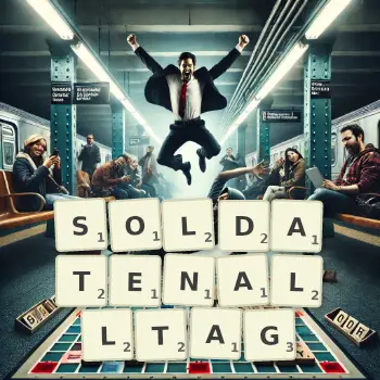 Kreative Illustration für ein Scrabble-Spiel, bei dem das Wort SOLDATENALLTAG mit Steinen auf dem Brett gelegt wurde.