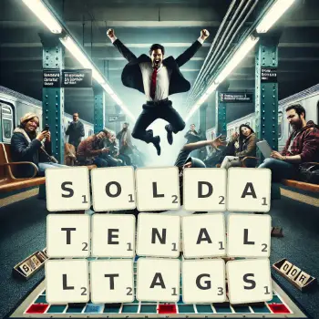 Kreative Illustration für ein Scrabble-Spiel, bei dem das Wort SOLDATENALLTAGS mit Steinen auf dem Brett gelegt wurde.