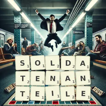 Kreative Illustration für ein Scrabble-Spiel, bei dem das Wort SOLDATENANTEILE mit Steinen auf dem Brett gelegt wurde.