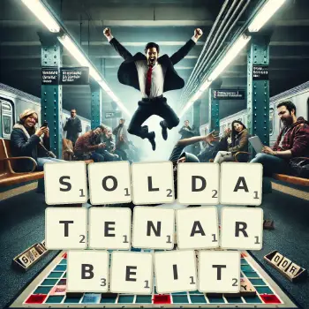 Kreative Illustration für ein Scrabble-Spiel, bei dem das Wort SOLDATENARBEIT mit Steinen auf dem Brett gelegt wurde.