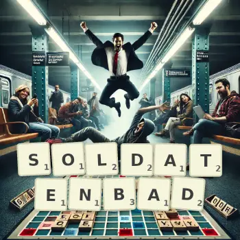 Kreative Illustration für ein Scrabble-Spiel, bei dem das Wort SOLDATENBAD mit Steinen auf dem Brett gelegt wurde.