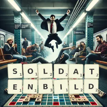 Kreative Illustration für ein Scrabble-Spiel, bei dem das Wort SOLDATENBILD mit Steinen auf dem Brett gelegt wurde.