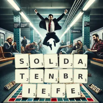 Kreative Illustration für ein Scrabble-Spiel, bei dem das Wort SOLDATENBRIEFE mit Steinen auf dem Brett gelegt wurde.