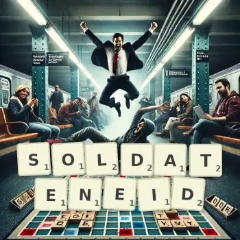 Kreative Illustration für ein Scrabble-Spiel, bei dem das Wort SOLDATENEID mit Steinen auf dem Brett gelegt wurde.