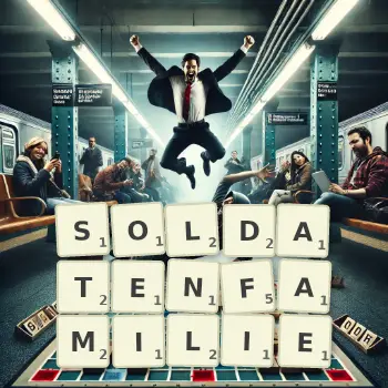 Kreative Illustration für ein Scrabble-Spiel, bei dem das Wort SOLDATENFAMILIE mit Steinen auf dem Brett gelegt wurde.