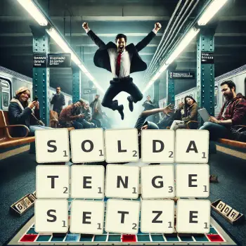 Kreative Illustration für ein Scrabble-Spiel, bei dem das Wort SOLDATENGESETZE mit Steinen auf dem Brett gelegt wurde.