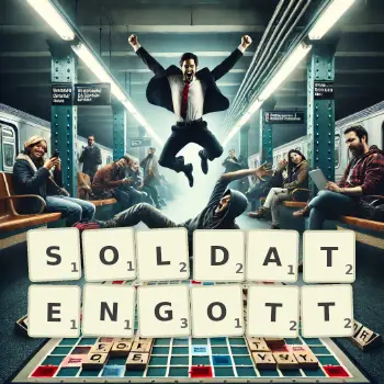 Kreative Illustration für ein Scrabble-Spiel, bei dem das Wort SOLDATENGOTT mit Steinen auf dem Brett gelegt wurde.