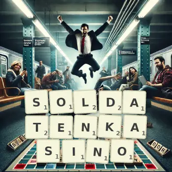 Kreative Illustration für ein Scrabble-Spiel, bei dem das Wort SOLDATENKASINO mit Steinen auf dem Brett gelegt wurde.