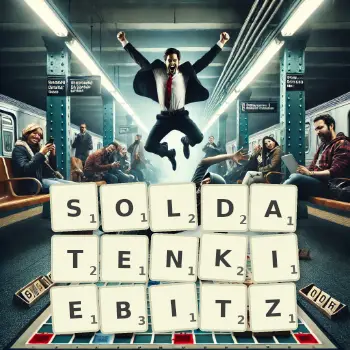 Kreative Illustration für ein Scrabble-Spiel, bei dem das Wort SOLDATENKIEBITZ mit Steinen auf dem Brett gelegt wurde.