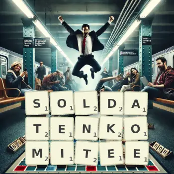 Kreative Illustration für ein Scrabble-Spiel, bei dem das Wort SOLDATENKOMITEE mit Steinen auf dem Brett gelegt wurde.