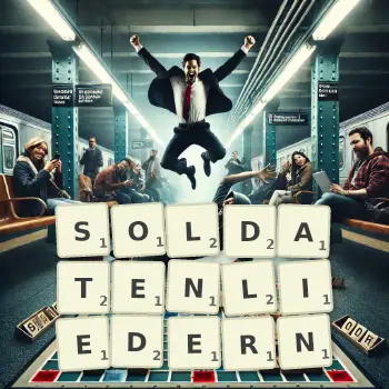 Kreative Illustration für ein Scrabble-Spiel, bei dem das Wort SOLDATENLIEDERN mit Steinen auf dem Brett gelegt wurde.