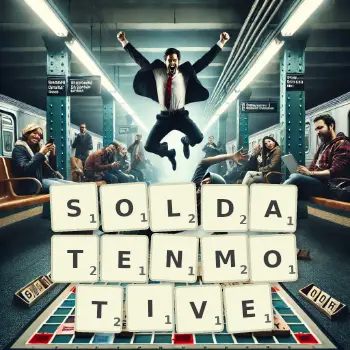 Kreative Illustration für ein Scrabble-Spiel, bei dem das Wort SOLDATENMOTIVE mit Steinen auf dem Brett gelegt wurde.