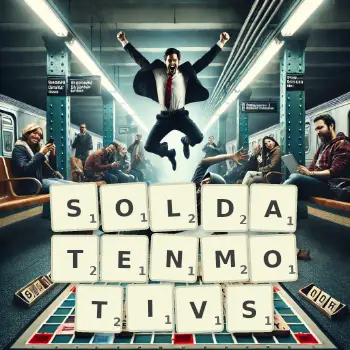 Kreative Illustration für ein Scrabble-Spiel, bei dem das Wort SOLDATENMOTIVS mit Steinen auf dem Brett gelegt wurde.