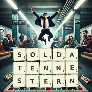 Kreative Illustration für ein Scrabble-Spiel, bei dem das Wort SOLDATENNESTERN mit Steinen auf dem Brett gelegt wurde.