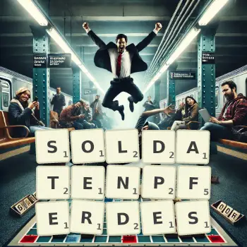 Kreative Illustration für ein Scrabble-Spiel, bei dem das Wort SOLDATENPFERDES mit Steinen auf dem Brett gelegt wurde.