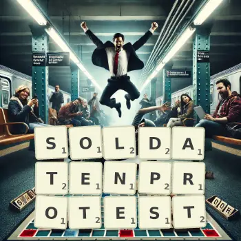 Kreative Illustration für ein Scrabble-Spiel, bei dem das Wort SOLDATENPROTEST mit Steinen auf dem Brett gelegt wurde.