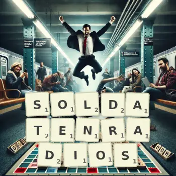 Kreative Illustration für ein Scrabble-Spiel, bei dem das Wort SOLDATENRADIOS mit Steinen auf dem Brett gelegt wurde.